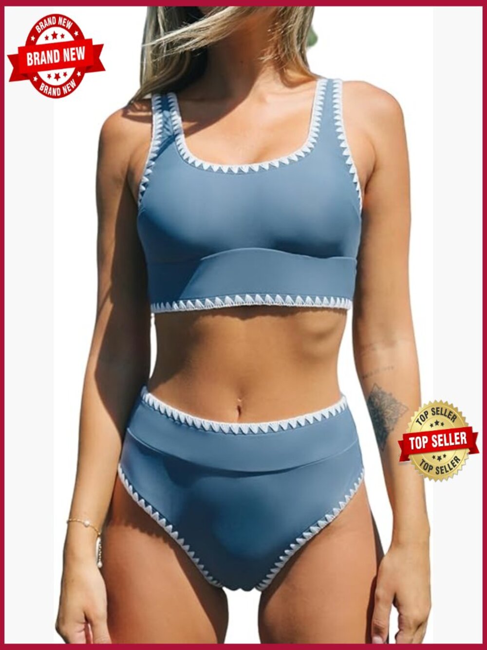 Two Piece Bikini Set Scoop Neck Wide Straps Tank Midkini Stitching Swimwear